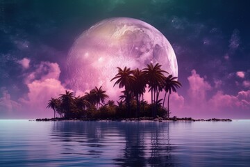 Poster - Serene Tropical Island with Palm Trees and a Full Moon. Generative AI