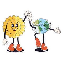 Wall Mural - Save the planet stickers in trendy retro cartoon style. Sticker pack for Earth or World Environment Day. Funny vector illustration of planet Earth with the Sun smiley face. Eco green labels or badges.