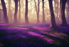 Bright Day, Atmospheric Forest With Glowing Lights In The Background During The Day, Royal Purple Peonny Flowers, Trees With Leaves. Generative AI