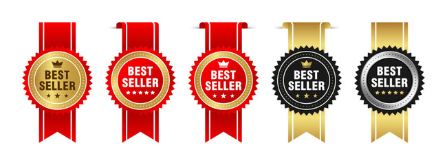 best seller sticker label set with gold medal and red ribbon isolated fit for mark best seller produ