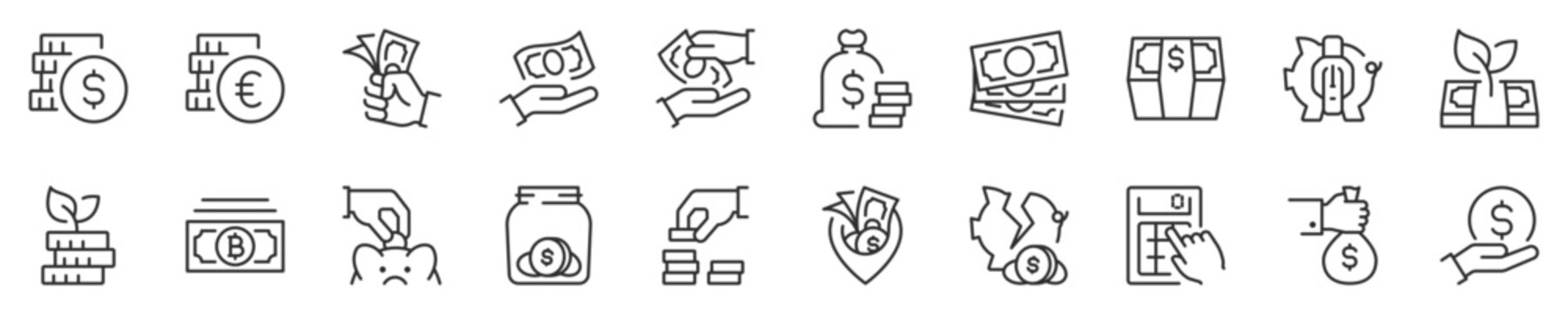 money, coins and finances thin line icon set 3 of 3. symbol collection in transparent background. ed