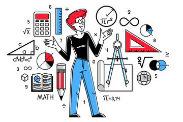 Mathematics education vector with student learning math or teacher explaining lesson, mathematician working on some theoretical science.