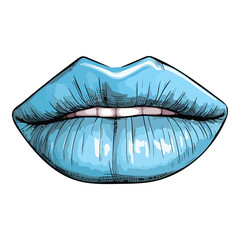 Lips With Blue Lipstick Flat Icon Isolated On White Background