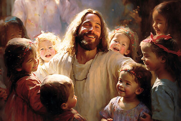 jesus christ with joyful children - fine art oil painting created with generative ai