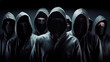 Generative AI illustration of a group of anonymous hackers in a black hood and clothes on a dark background.