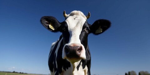 A clean black and white cow looked with curiosity and gentle surprise at the green fields and blue sky, Generative IA