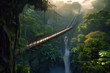 A tropical rainforest canopy walk, with lush green foliage, exotic birds, and the distant sound of a waterfall