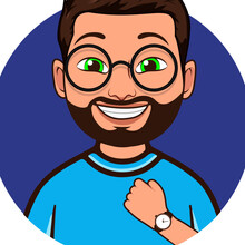 Illustration Of A Beard Man With Eyeglasses And A Smile, Wearing A Wrist Watch Cartoon, Bighead, Head To Shoulder Portrait
