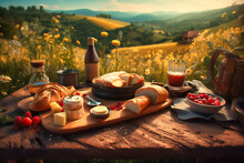 A Rustic Countryside Picnic, With Fresh Bread, Cheese, And Wine, Set Against A Backdrop Of Rolling Hills And Wildflowers
