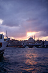 Wall Mural - Travel by Turkey. Istanbul Ferryboat. Beautiful sunset landcape. Concept of transportation and traveling.