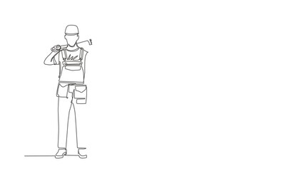 Wall Mural - Animated self drawing of continuous line draw plumber holding wrench, tools box in hands stands isolated. Professional serviceman character in uniform ready for work. Full length single line animation