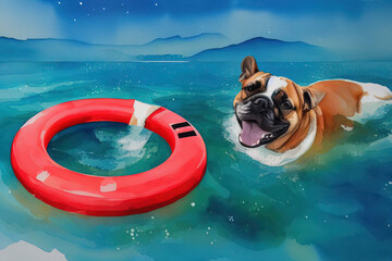 Watercolor illustration of a dog with a red life buoy in blue transparent water. Generative AI.