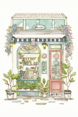 Wall Mural - Watercolor retro style cafe storefront, Generative AI