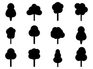 Wall Mural - black trees set isolated on white background. trees with crown silhouettes. design of tree for poste