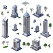 Isometric city constructor. Realistic urban 3D skyscrapers, business towers, offices, residential houses, commercial buildings set. City design elements, smart megapolis town skyscraper icons isolated