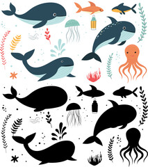 Wall Mural - set of sea animals, marine inhabitants, whales, fishes in flat style isolated vector