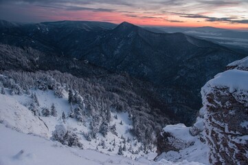 Poster - Slovakia mountain at winter, peak Tlsta at sunset, Fatra. Winter hike. Tourism in nature, healthy lifestyle.