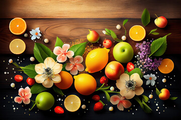 Wall Mural - spring background. fruit flowers on wooden table, splash color. Generative Ai