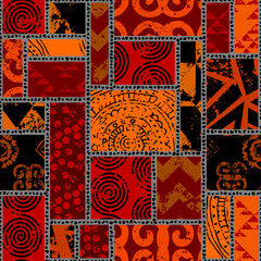 Poster - Abstract red ethnic tribal pattern. Geometric patchwork style. Vector image
