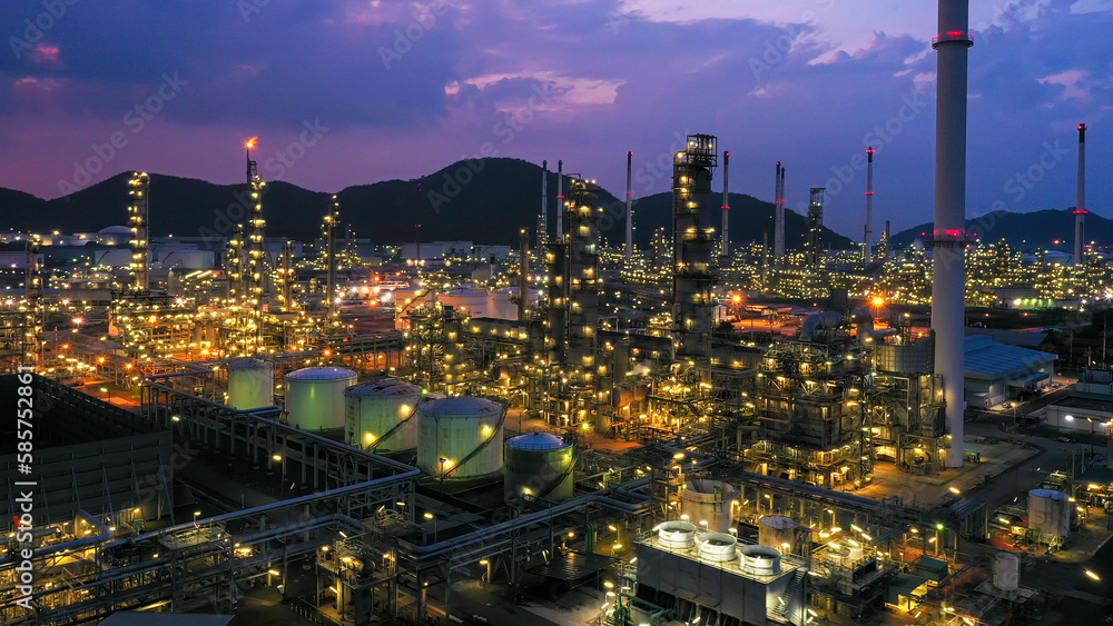 Aerial view of twilight petrochemical oil refinery plants, oil and gas ...