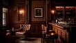 A sophisticated whiskey bar with leather armchairs, dark wood paneling, and a marble-topped bar.