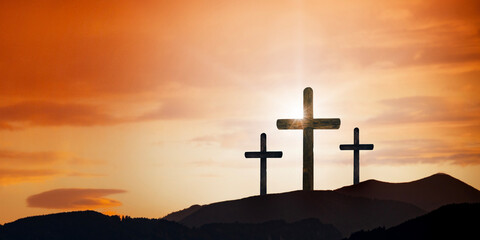 Wall Mural - Easter cross on the dawn background