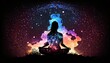 © MstAsma - Silhouette of girl in Lotus position on the abstract positive energy background. Postproducted generative AI illustration.