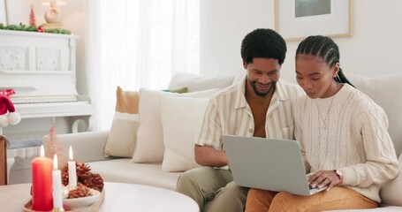 Poster - Black couple, laptop and happy together for Christmas holidays, social media or browse online in festive lounge. Digital device, African American man and woman plan or search internet for Xmas gifts.