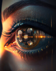 Close-up generated photorealistic image of the human eye with sunrise reflection