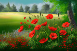 Fototapeta Maki - a painting of a field full of red poppies under a cloudy sky. Generative Ai