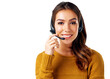 © peopleimages.com - Call center, portrait and happy woman in customer service for telemarketing while isolated on a transparent, png background. Customer support, help desk and smiling female operator face