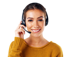 Contact us, customer service and portrait of a happy woman working in a call center while isolated on a transparent png background. Smile, female operator and telemarketing help or advice