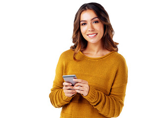 Wall Mural - portrait, text and smiling woman communicating with online contact for good news while isolated on a