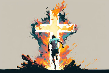 Wall Mural - Man Running Into Cross Easter Sunday Special Generative AI
