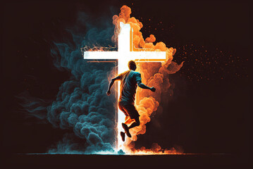 Wall Mural - Man Running Into Cross Easter Sunday Special Generative AI