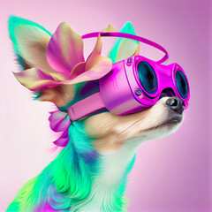 Wall Mural - Fashionable chihuahua dog with flowers wearing glasses