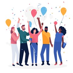 Wall Mural - Flat digital illustration of a startup team celebrating a milestone with confetti, balloons, and high-fives on a clean white background. generative ai