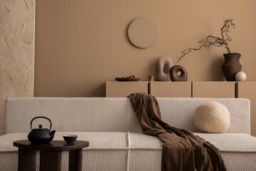 Wall Mural - Minimalist composition of warm living room interior with modular sofa, wooden coffee table, round pillow, vase with branch, pitcher, stylish sculpture and personal accessories. Home decor. Template.