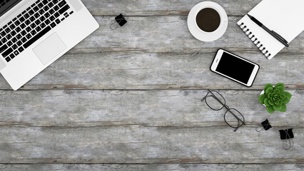Wall Mural - office table and computer concept, background top view with office supplies, wooden table with offis