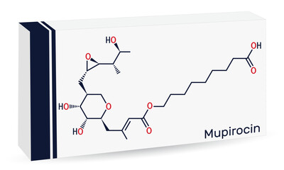 Poster - Mupirocin molecule. It is antibacterial ointment used to treat impetigo and skin infections. Skeletal chemical formula. Paper packaging for drugs.