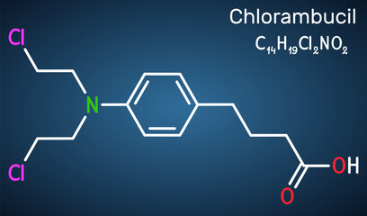 Poster - Chlorambucil molecule. It is chemotherapy agent used in the treatment of lymphocytic leukemia, malignant lymphomas. Structural chemical formula on the dark blue background.