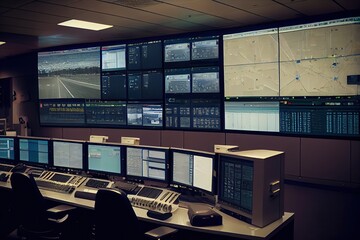 Canvas Print - surveillance room in a bustling airport, with multiple screens displaying different areas of the terminal, created with generative ai