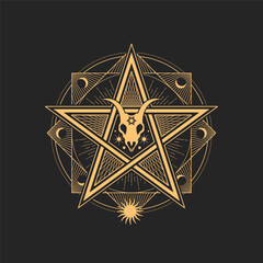 Poster - Esoteric and occult Pentagram with goat skull, octagram, crescent, moon and stars symbol for magic tarot cards. Vector witchcraft or alchemy sign, spiritual emblem, isolated wicca or pagan amulet