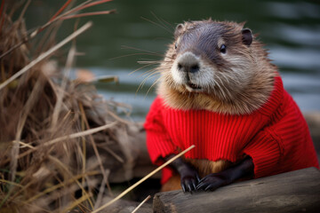 Wall Mural - Beaver in a red sweater. Generative AI.