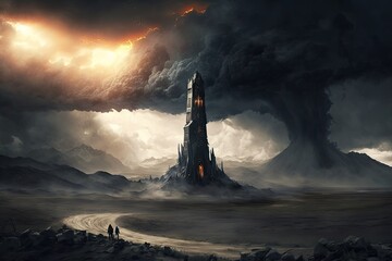 Wall Mural - mordor landscape with tower and stormy sky, symbolizing the dark forces of evil, created with generative ai