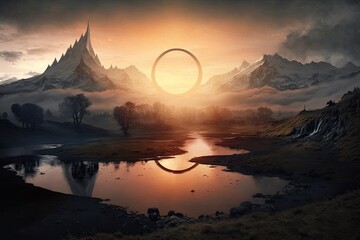 Poster - misty morning in mordor, with the sun rising over the mountains, created with generative ai