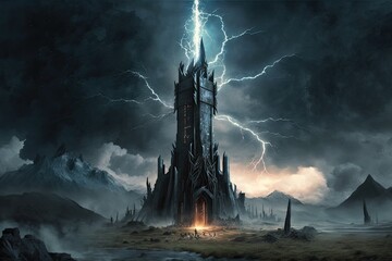 Sticker - a towering black tower in mordor, with lightning bolts flashing and thunder roaring, created with generative ai