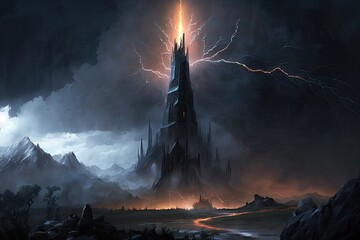 Wall Mural - a towering black tower in mordor, with lightning bolts flashing and thunder roaring, created with generative ai