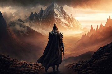 Wall Mural - person, wandering through mordor, with mountain range in the background, created with generative ai