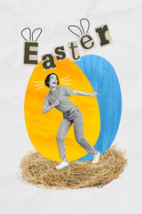 Sticker - Young Ukrainian girl dancing near two big yellow blue colored Easter eggs favorite religion holiday conceptual collage